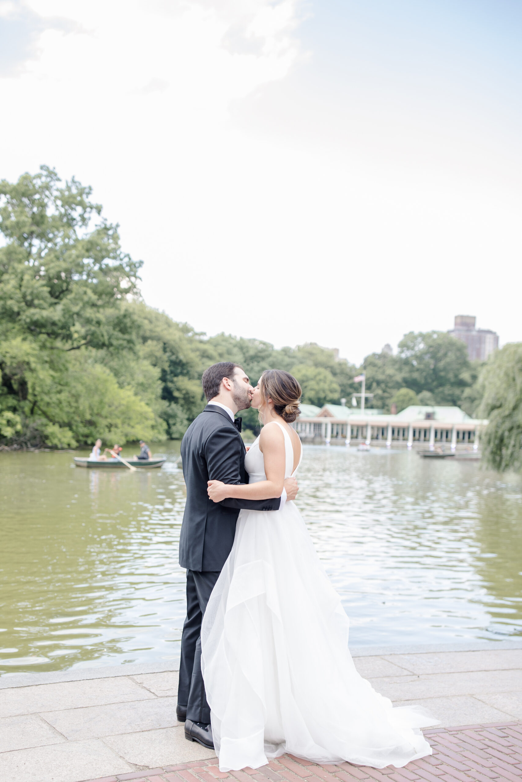 Bride and Groom Couple Portraits in front of Central Park Boat House