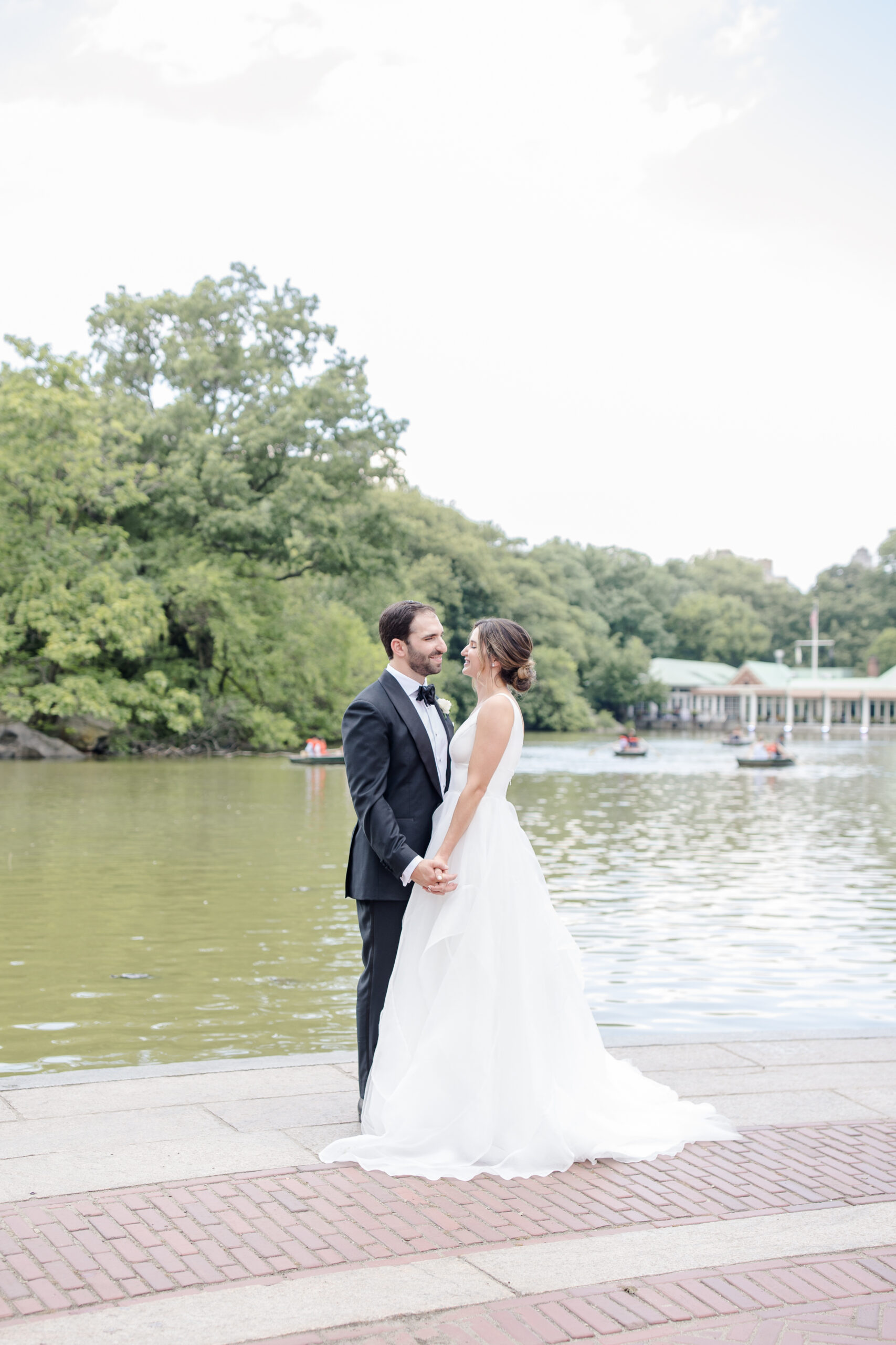 Bride and Groom Couple Portraits in front of Central Park Boat House