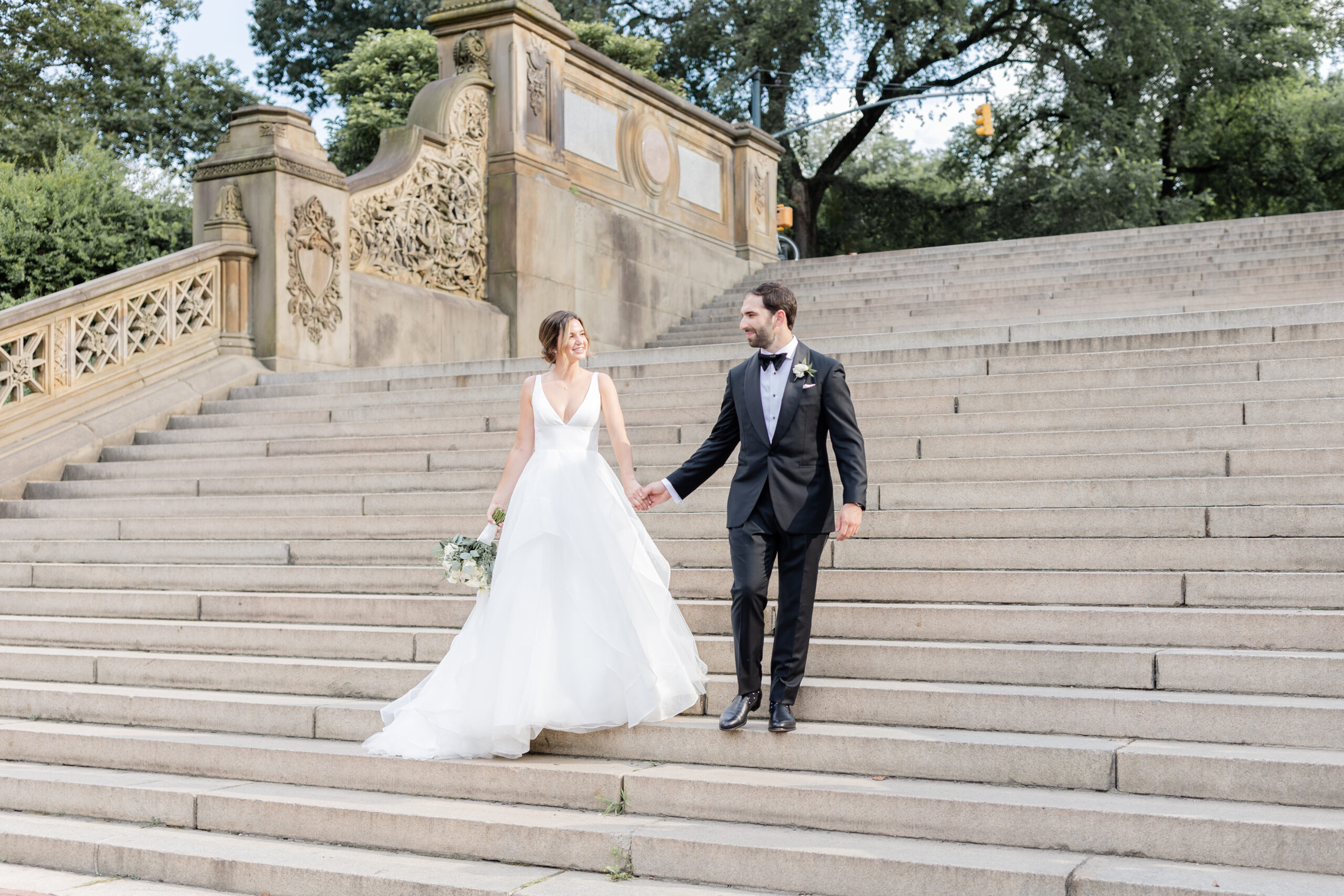 Bride and groom portraits at Bethesda Terrace Steps
