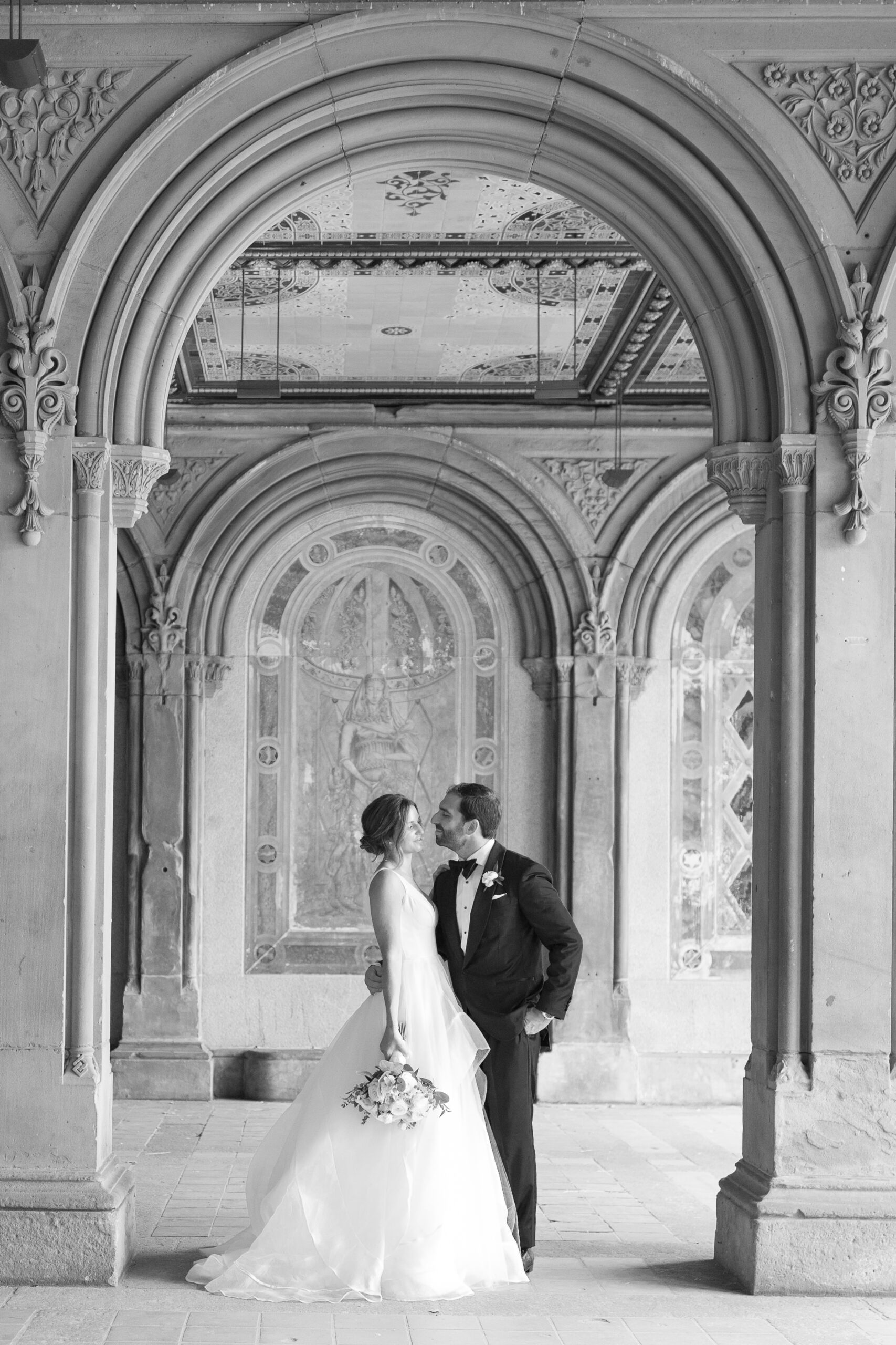 Black and white wedding portrait at Central Park Bethesda Terrace