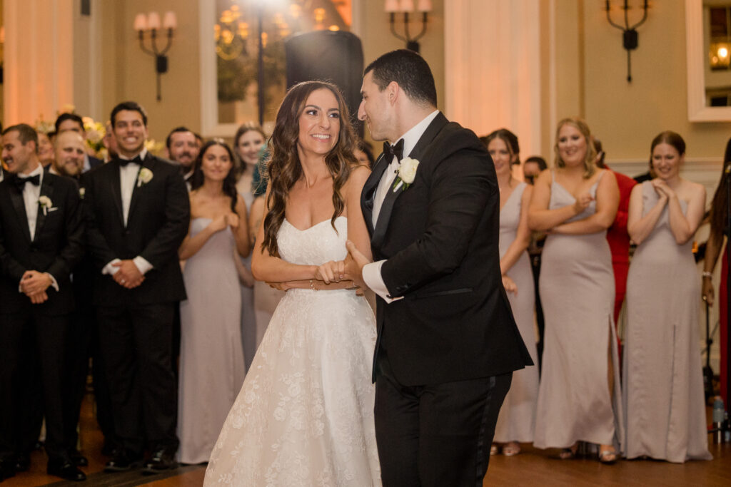 Bride and groom first dance inside the Ryland Inn wedding venue