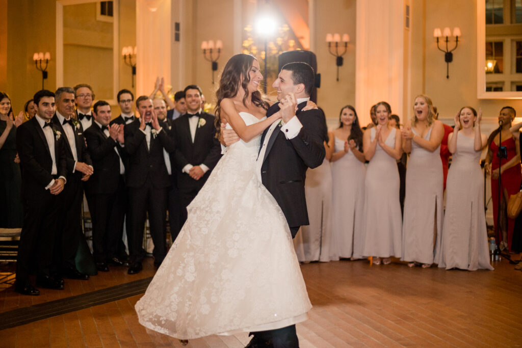 Bride and groom first dance inside the Ryland Inn wedding venue