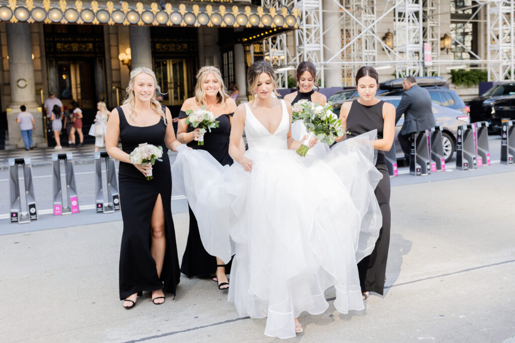 Plaza Hotel exterior portraits bride with bridesmaids