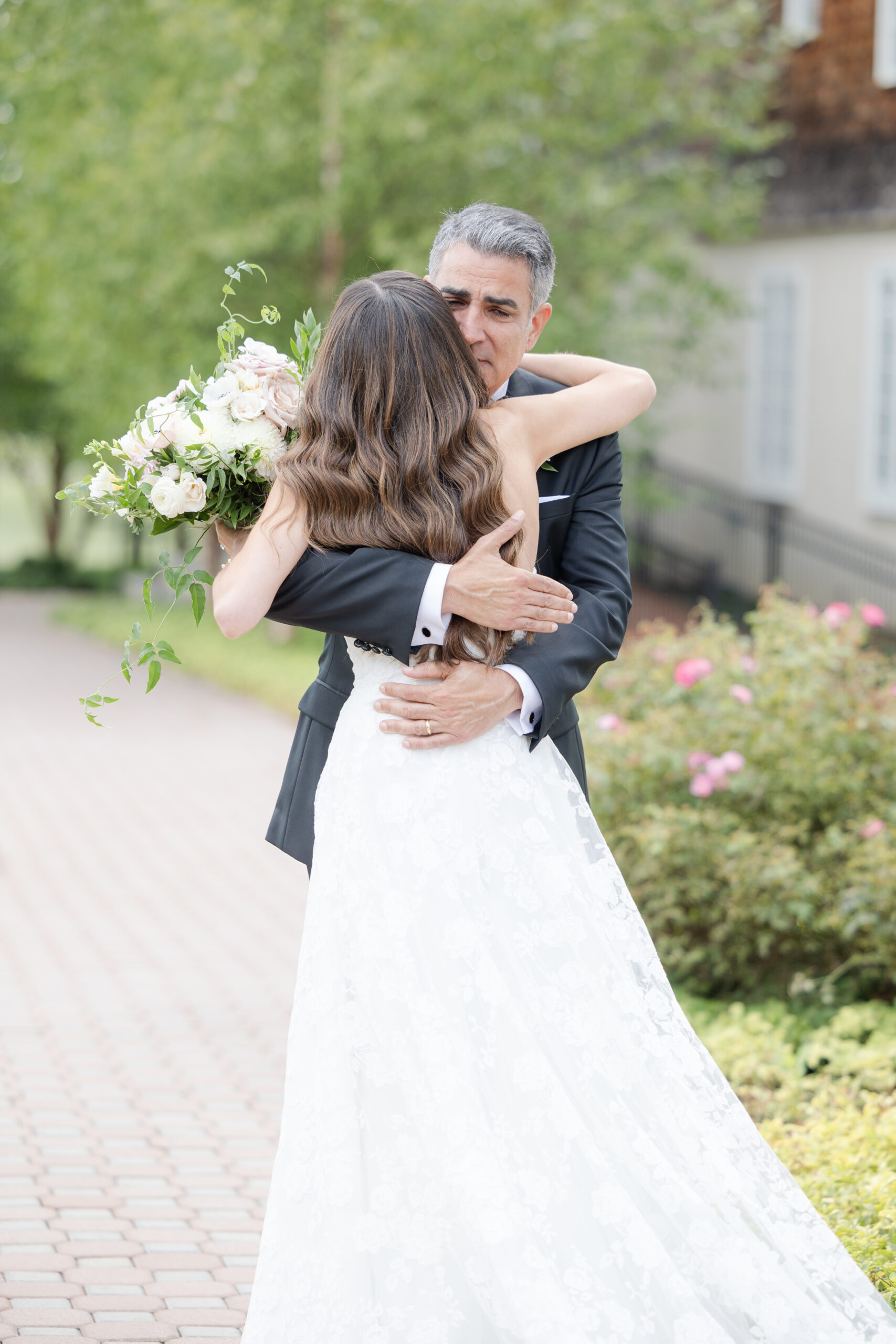 Dad first look outside of the Hayloft Cottage of the Ryland Inn wedding venue, northern NJ