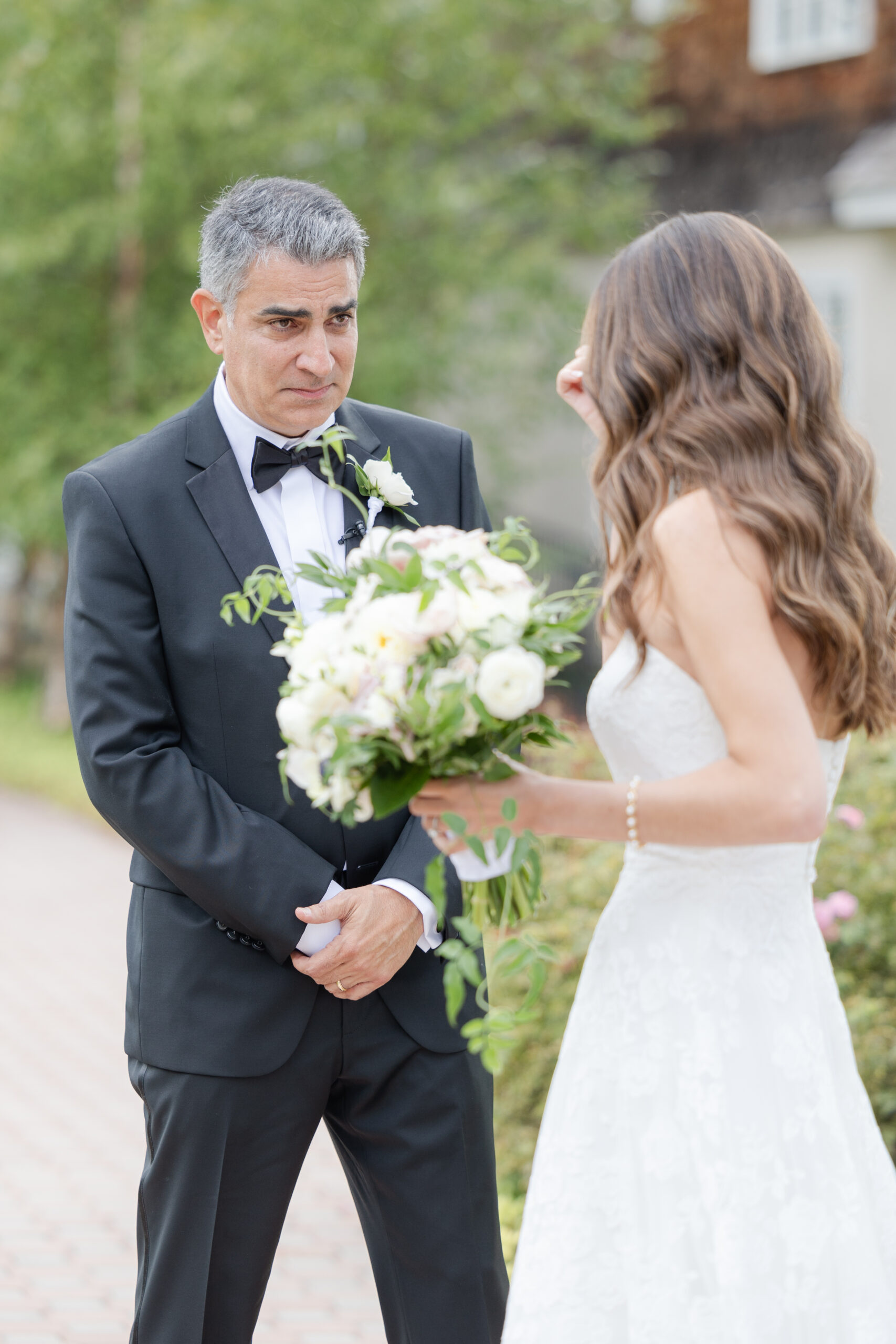 Dad first look outside of the Hayloft Cottage of the Ryland Inn wedding venue, northern NJ