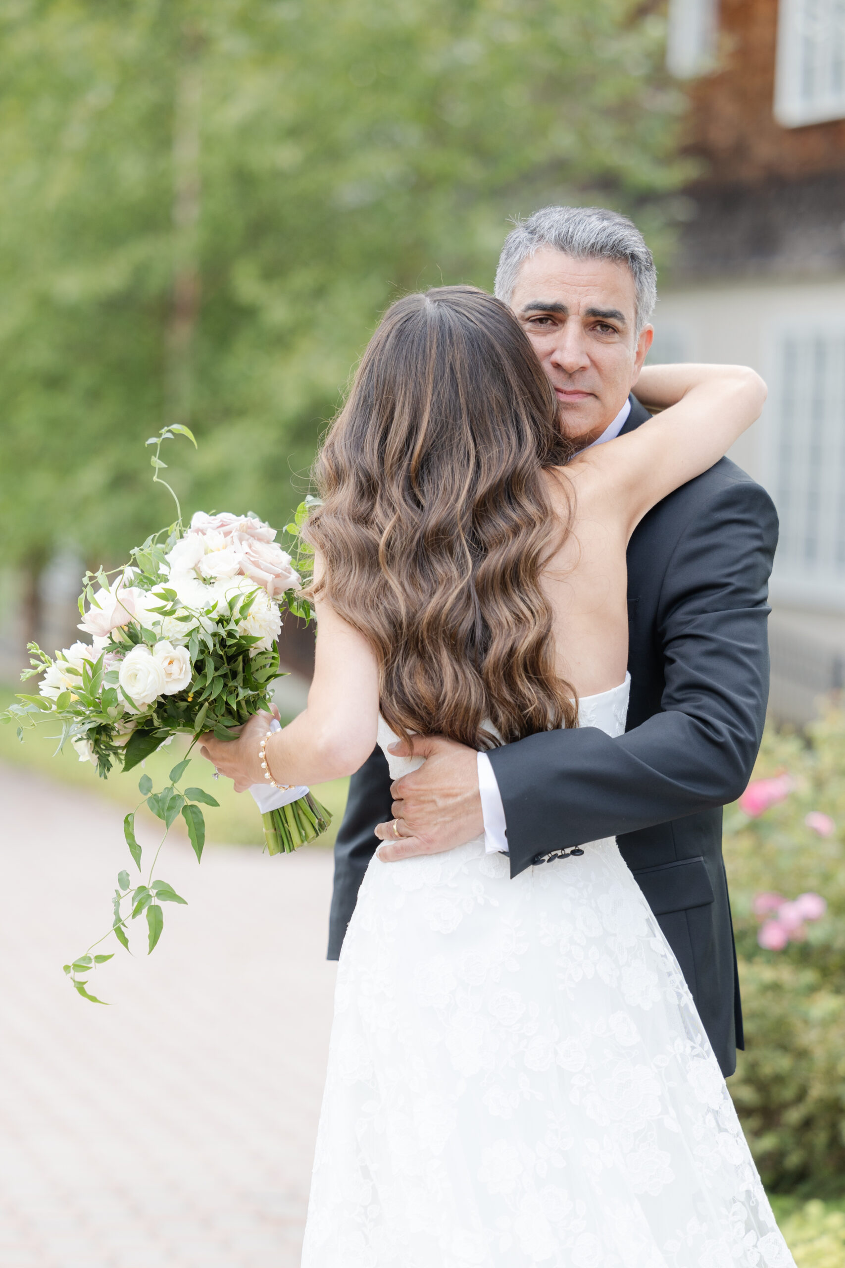 Dad first look outside of the Hayloft Cottage of the Ryland Inn wedding venue, northern NJ