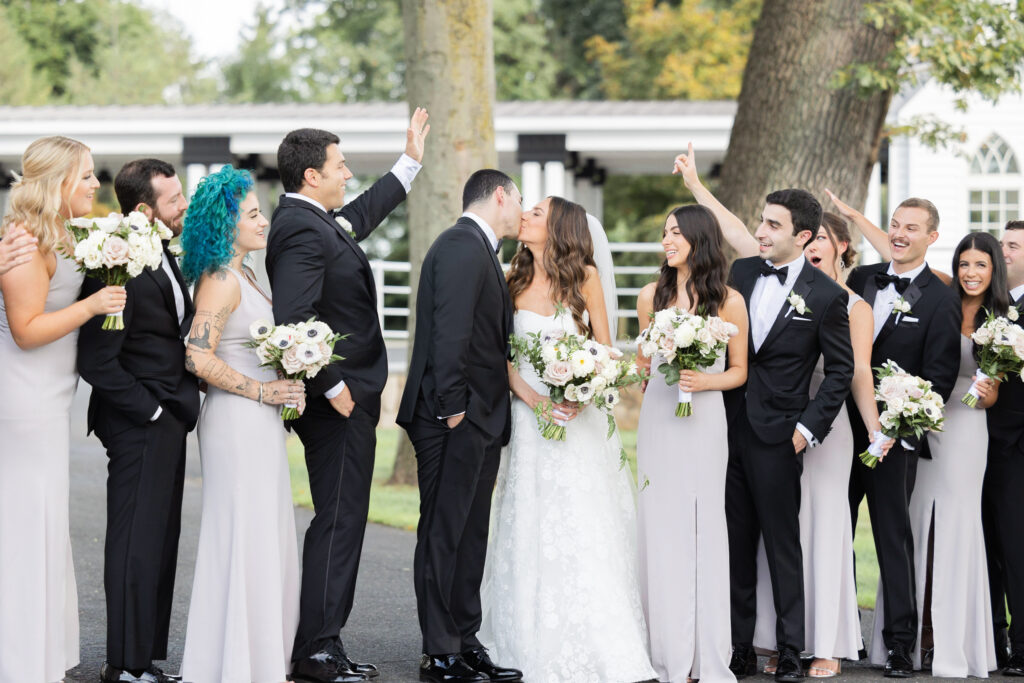 Wedding party portraits with bride and groom