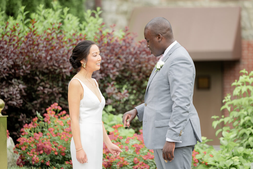 Bride and Groom's first look in front of the Abbey Inn & Spa Venue