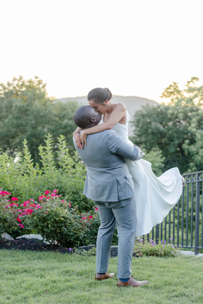 Sunset portraits of Bride and Groom in an upstate New York wedding venue