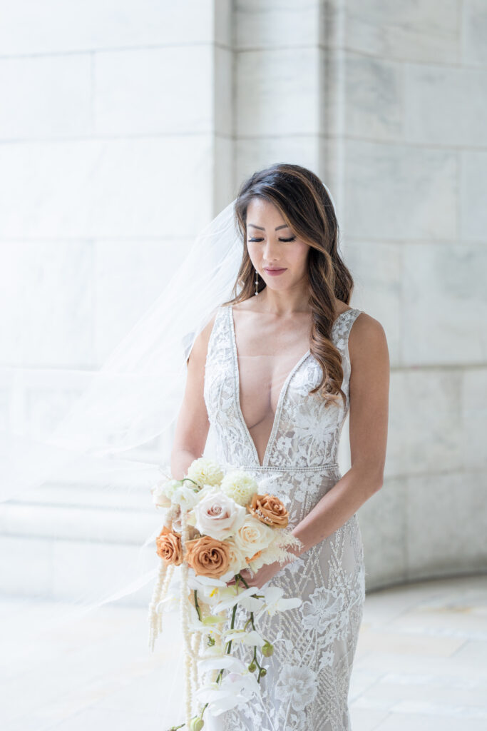 Bride portraits outside of the New York Public Library