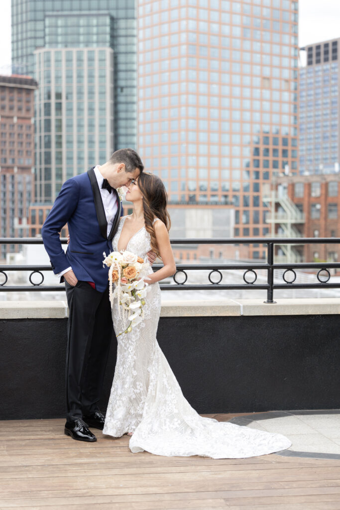 Bride and groom on rooftop of the Box House Hotel Brooklyn Wedding Venue