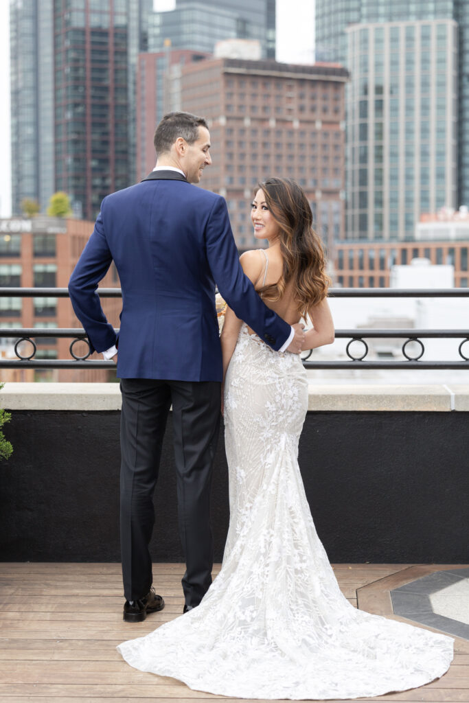 Bride and groom on rooftop of the Box House Hotel Brooklyn Wedding Venue