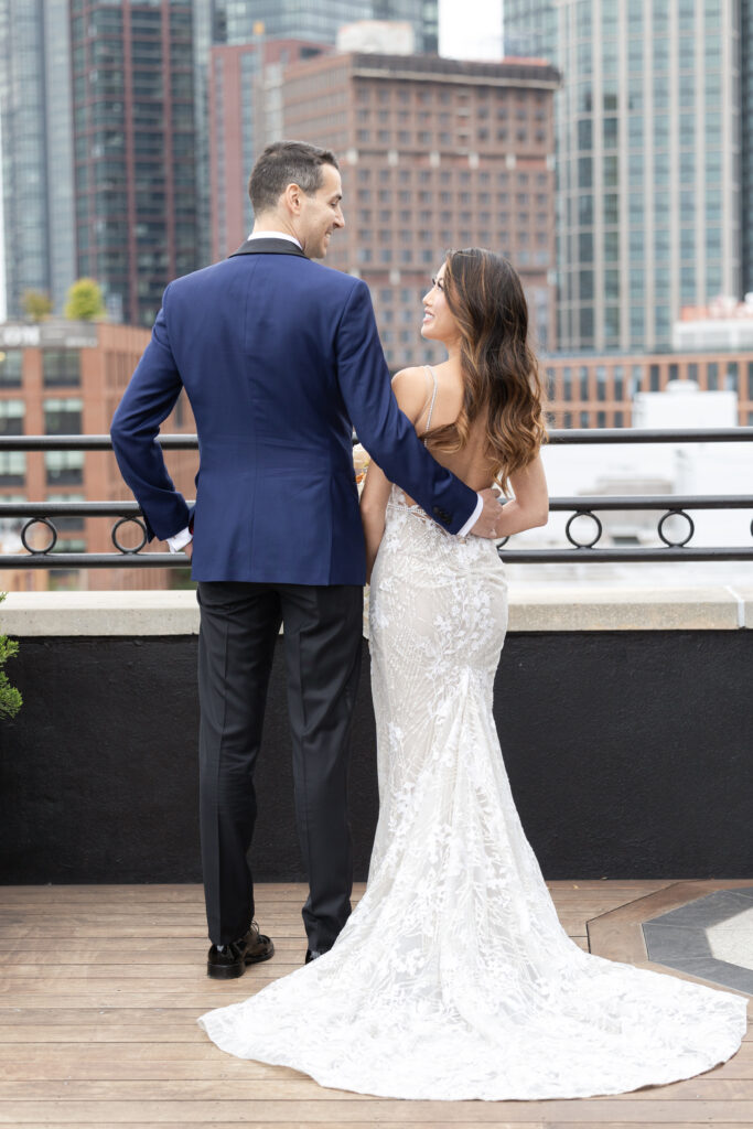 Bride and groom on rooftop of the Box House Hotel Brooklyn Wedding Venue