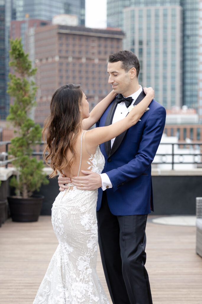 Bride and groom on rooftop of the Box House Hotel Brooklyn Wedding Venue