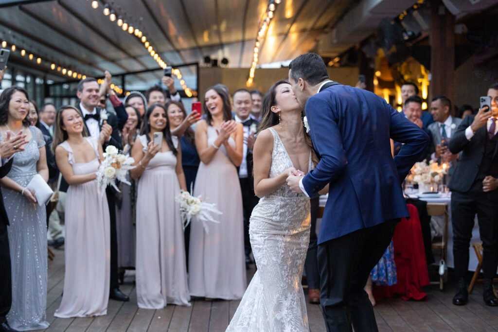 First dance of bride and groom at the rooftop of wedding event venue in Brooklyn