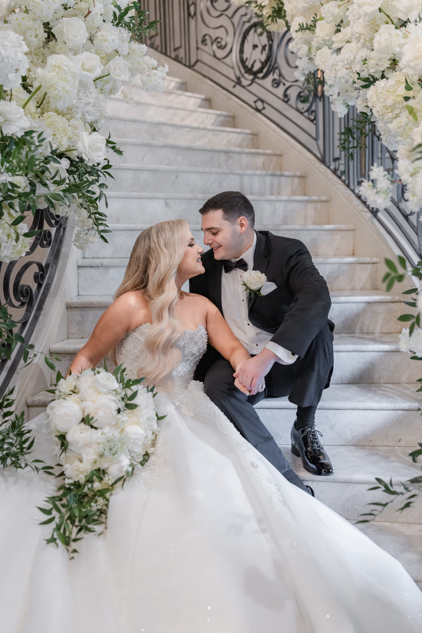 Bride and Groom Indoor Portraits_At Classy Staircase Inside Park Chateau Wedding Venue