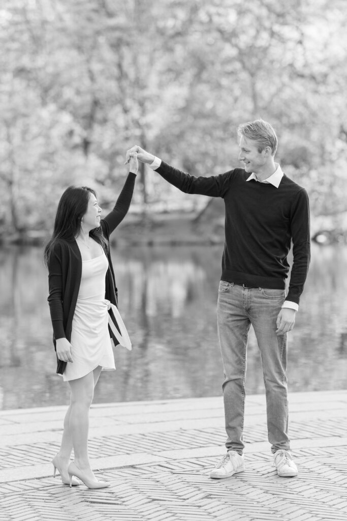 Outdoor Engagement Photos NYC in front New York Central Park Boathouse Waterview