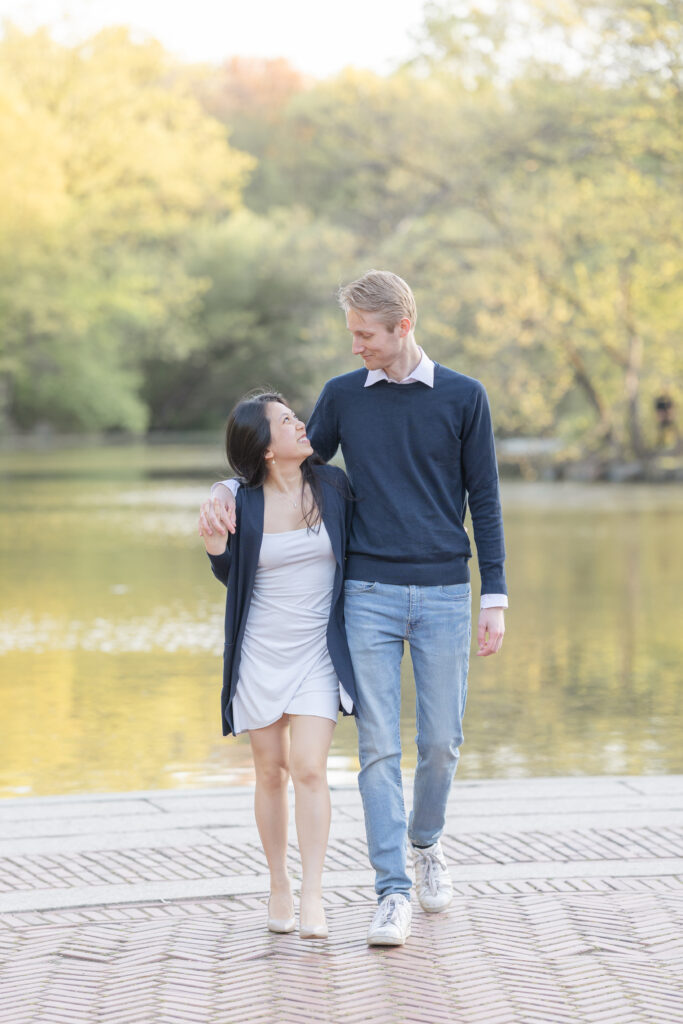 Outdoor Engagement Photos NYC in front New York Central Park Boathouse Waterview