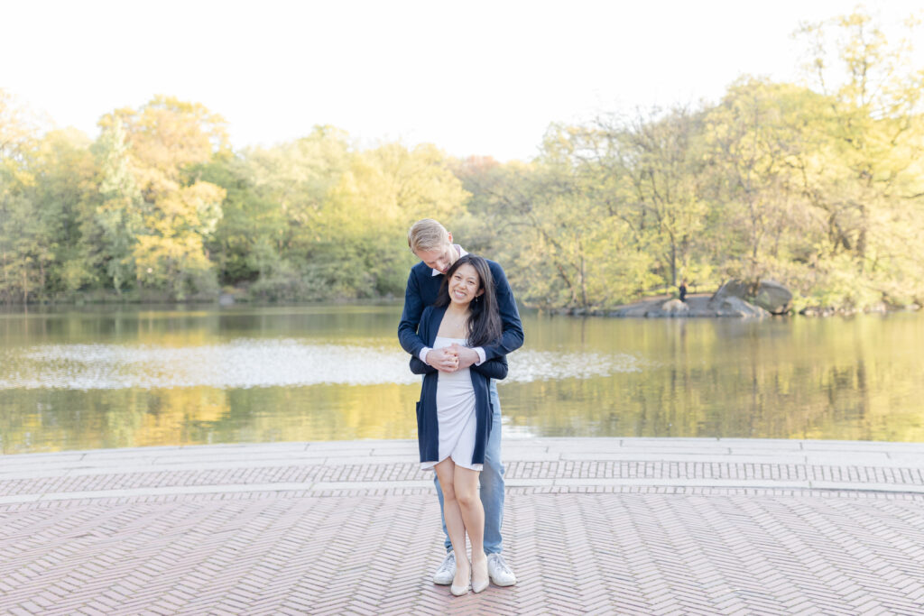 Outdoor Engagement Photos NYC in front New York Central Park Boathouse Waterview