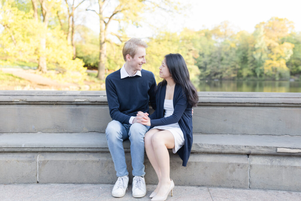 Couple in front of Central Park Boathouse waterview