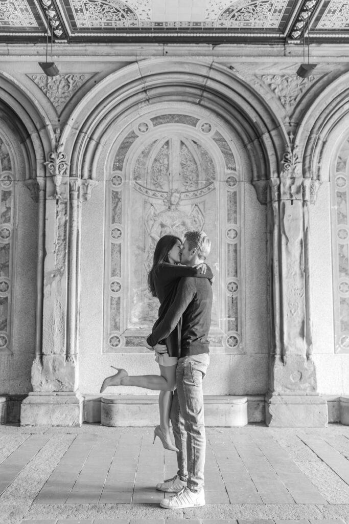 Black and White Engagement Photos with the Bethesda Terrace backdrop