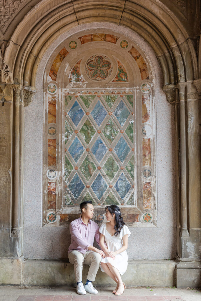 Couple photos against Bethesda Terrace backdrop