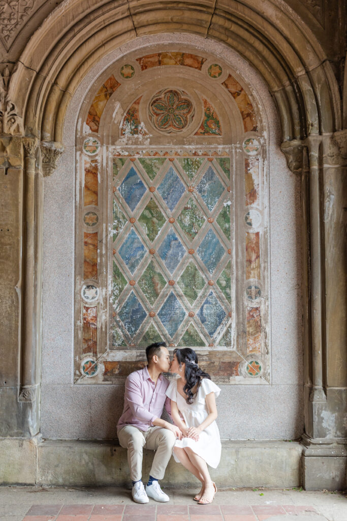 Couple photos against Bethesda Terrace backdrop