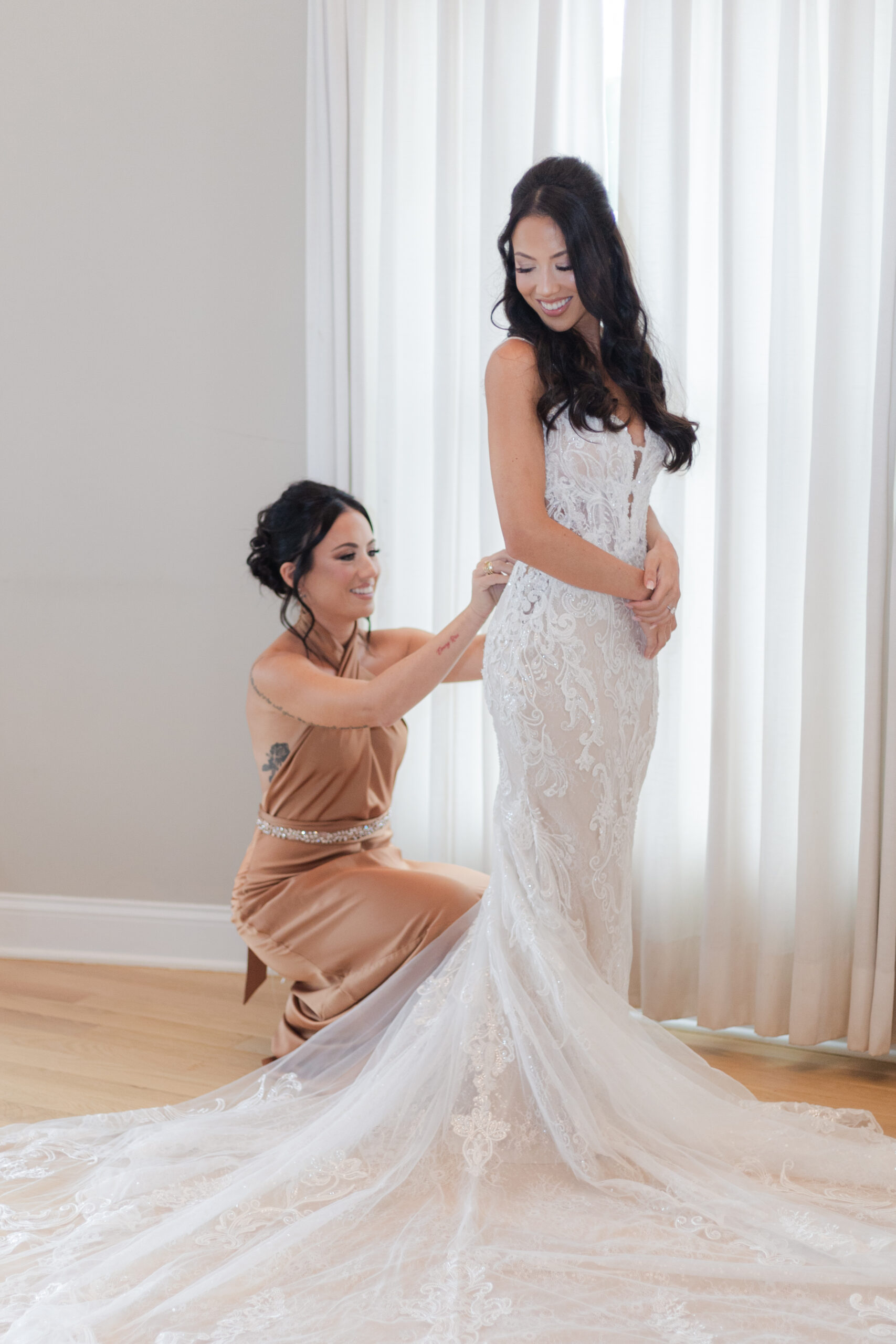 Bride Getting Ready Portraits at NJ Vineyard Wedding Venue_Getting Dress On