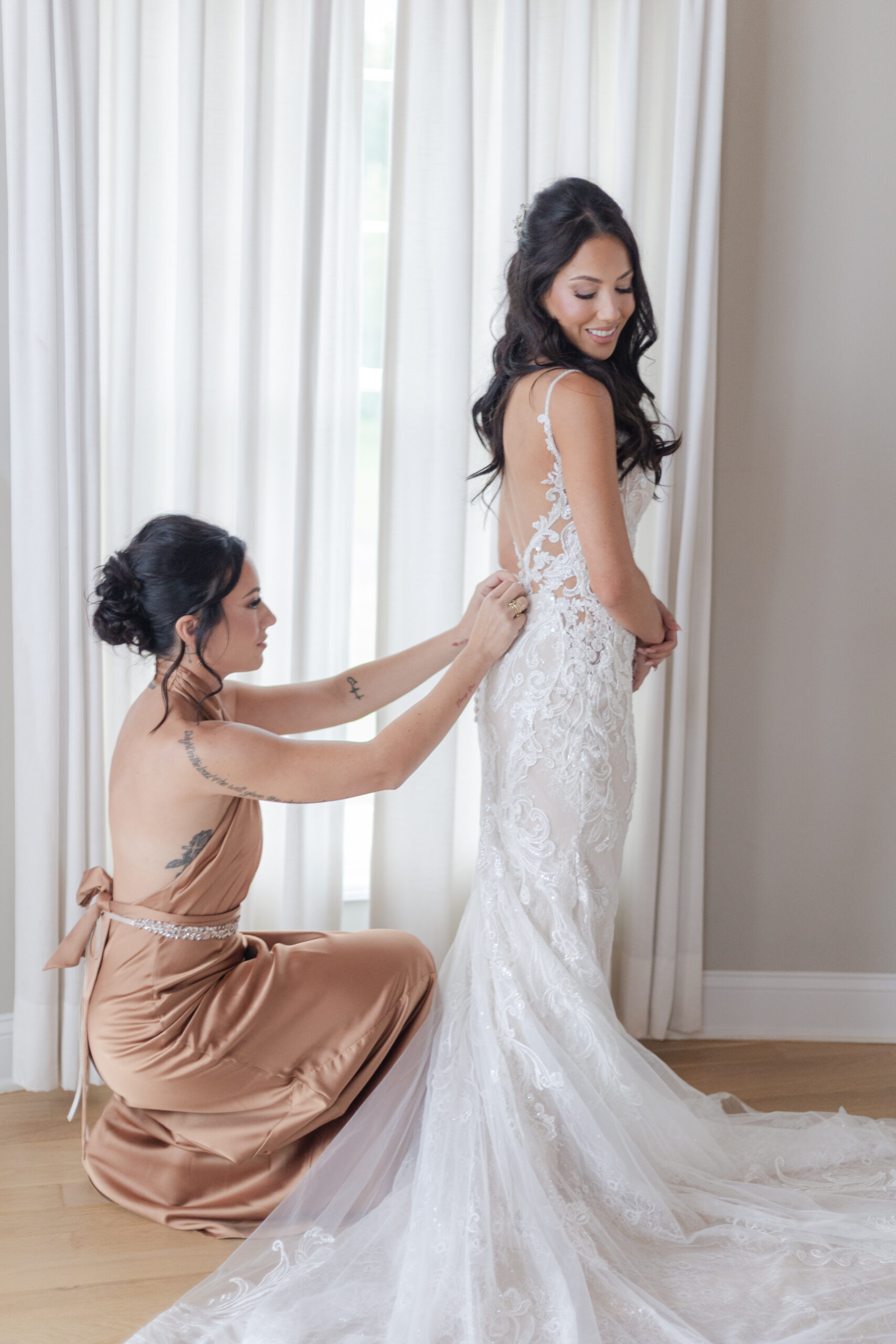Bride Getting Ready Portraits at NJ Vineyard Wedding Venue_Getting Dress On