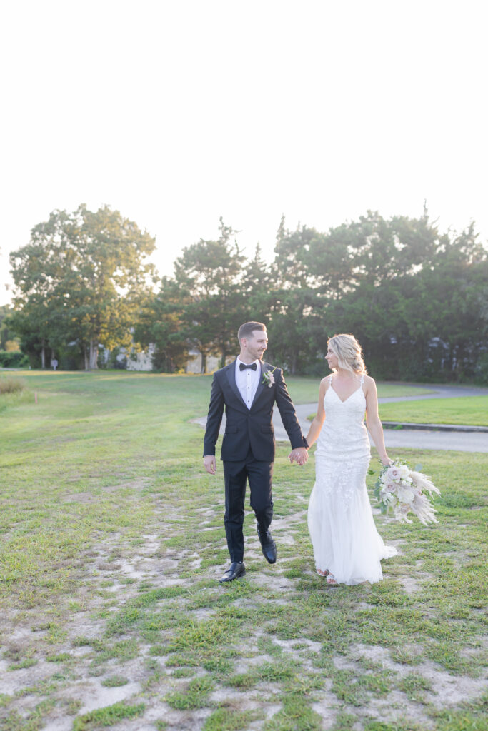 Bride and groom on golf course