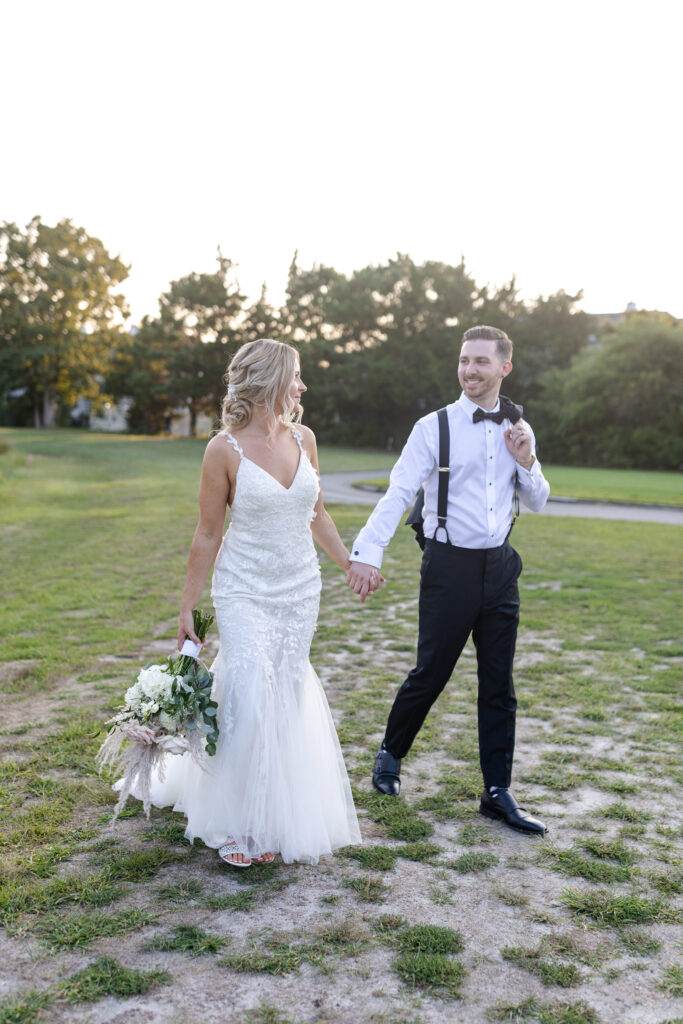 Bride and groom on golf course