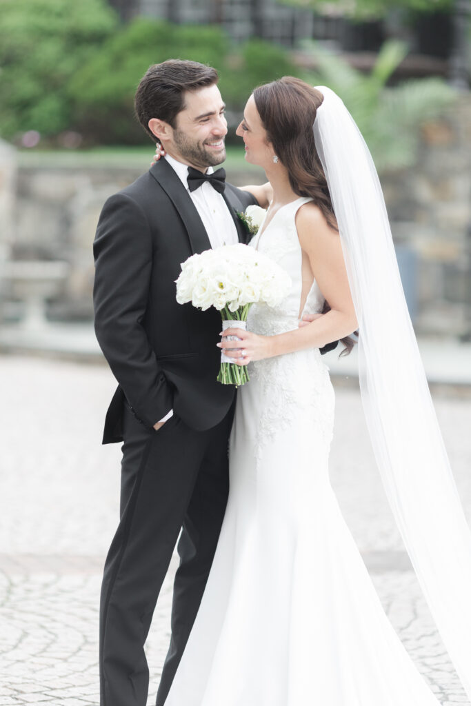 Bride and groom outdoor wedding portraits at Pleasantdale Chateau