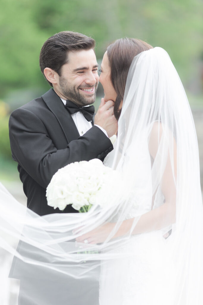 Bride and groom outdoor wedding portraits at chateau wedding venue