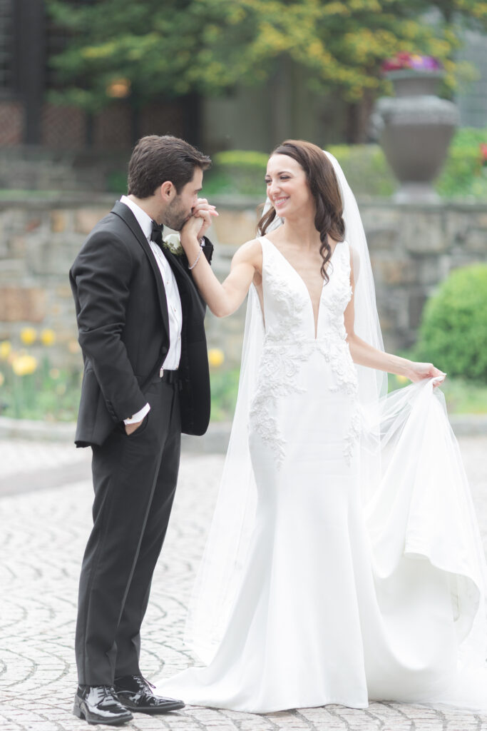 Bride and groom outdoor wedding portraits at chateau wedding venue