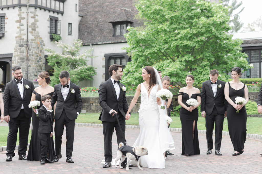 Wedding party in front of northern New Jersey castle wedding venue