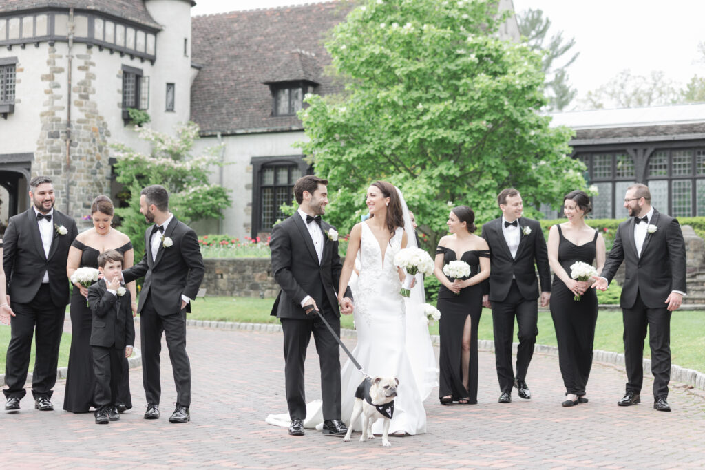 Wedding party in front of northern New Jersey castle wedding venue