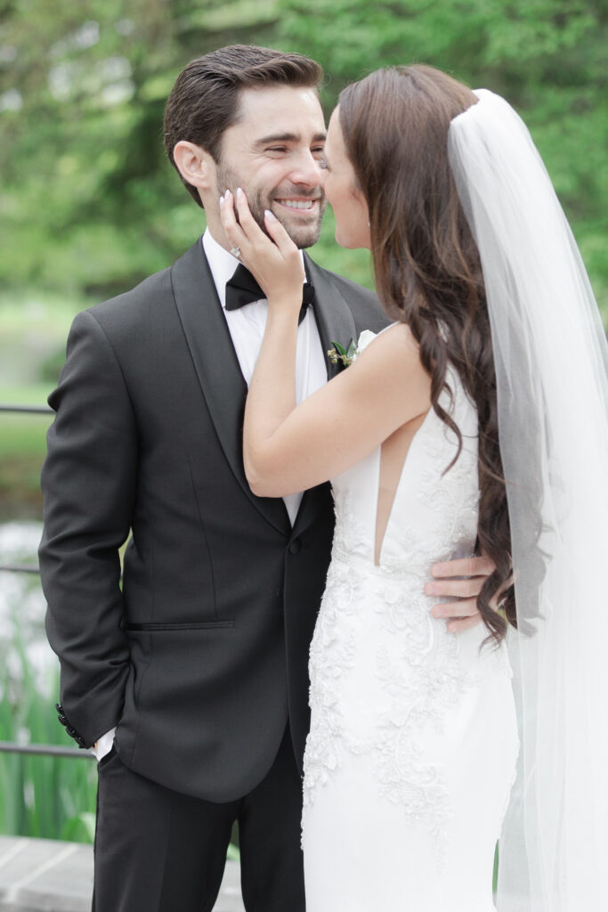 Bride and groom outside of northern New Jersey castle wedding venue