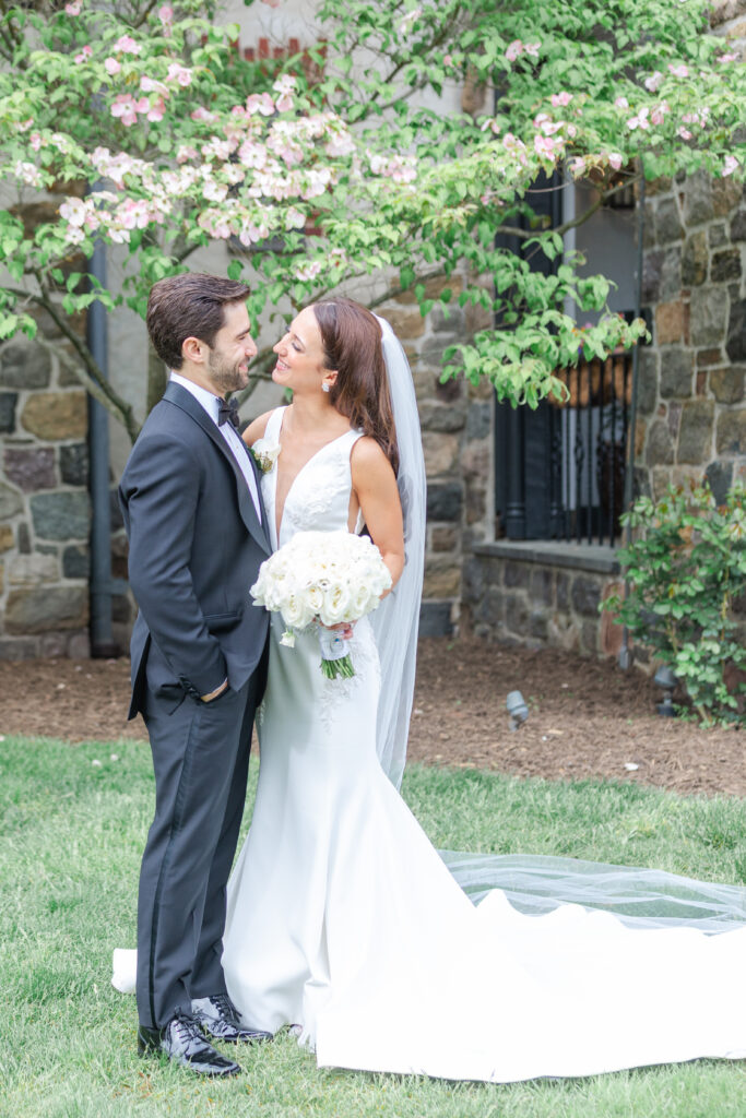 Bride and groom outside of northern New Jersey wedding venue