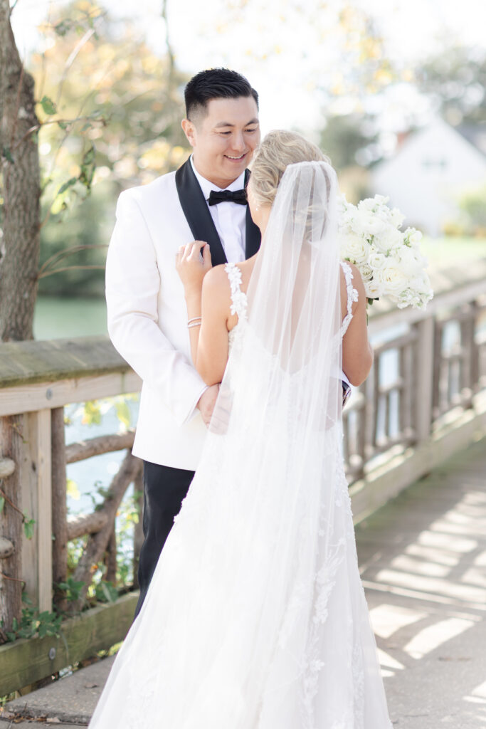 Outdoor first look with bride and groom at Divine Park