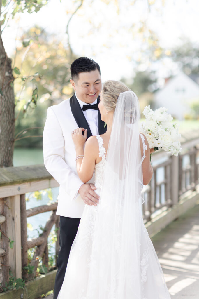 Outdoor first look with bride and groom at Divine Park