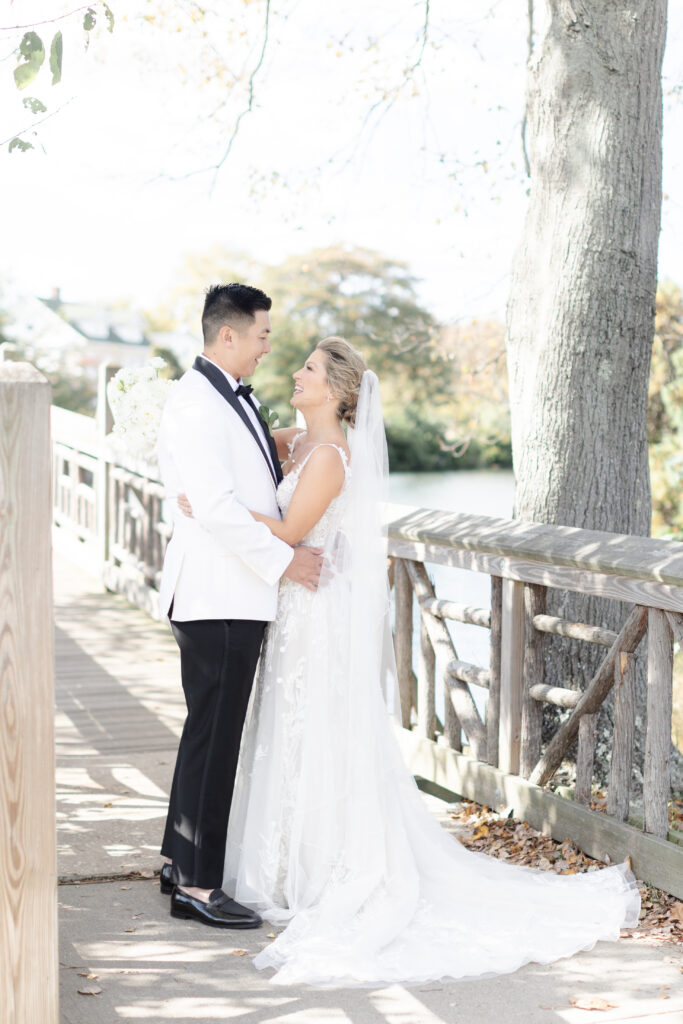 Bride and groom portraits at Wooden Bridge, Divine Park Spring Lake New Jersey