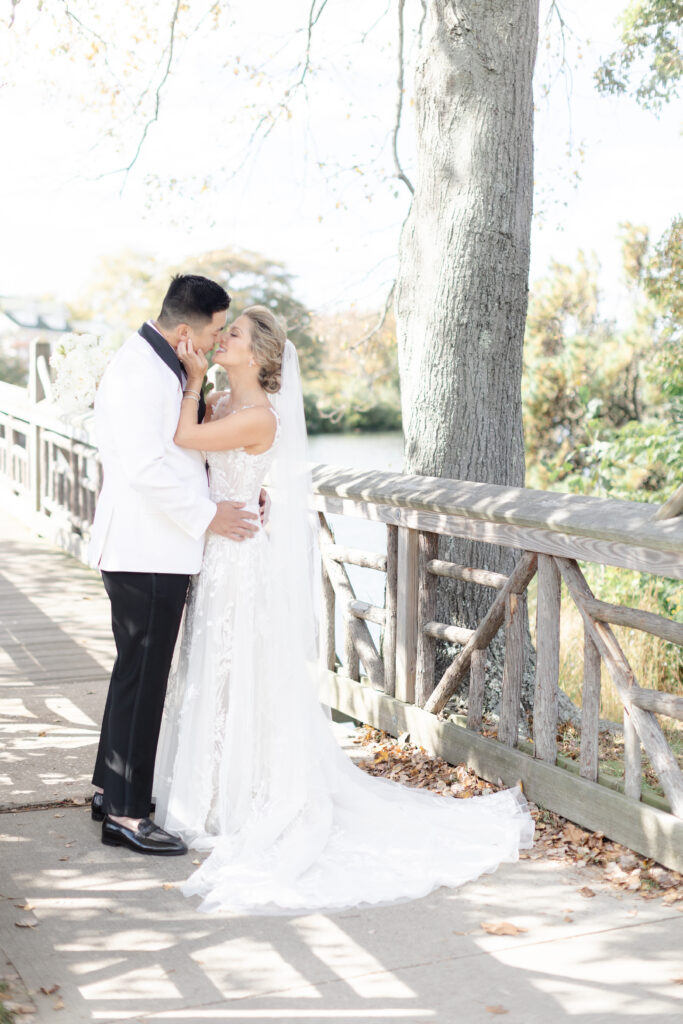 Bride and groom portraits at Wooden Bridge, Divine Park Spring Lake New Jersey