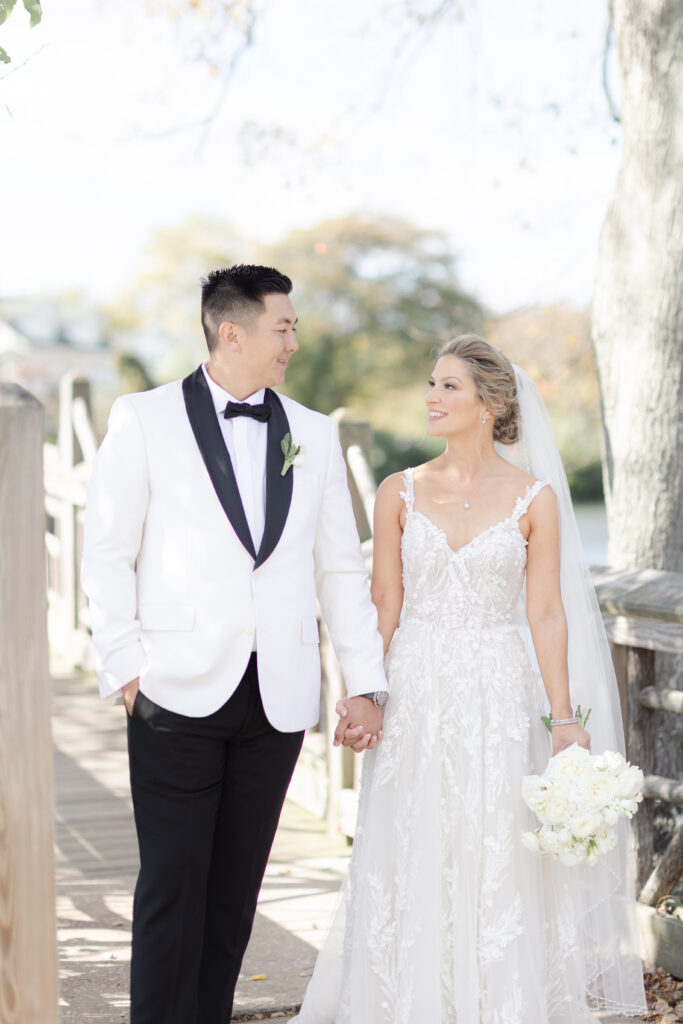 Bride and groom portraits at Wooden Bridge, Divine Park Spring Lake New Jersey