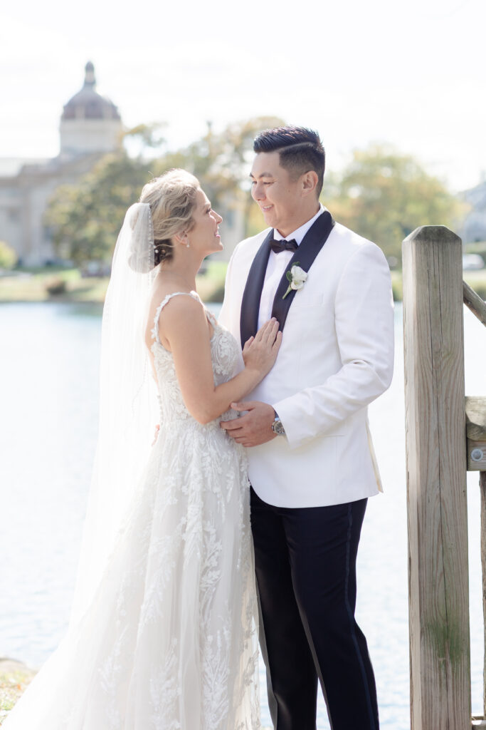 Bride and groom portraits at Wooden Bridge, Divine Park Spring Lake New Jersey