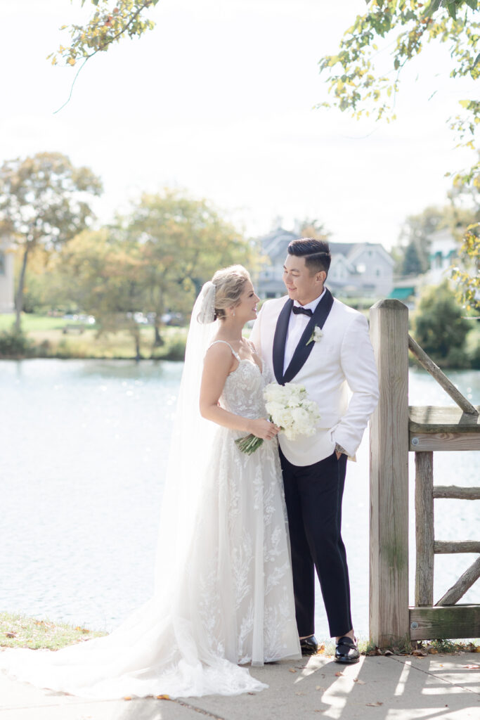 Bride and groom portraits at Wooden Bridge, Divine Park Spring Lake New Jersey