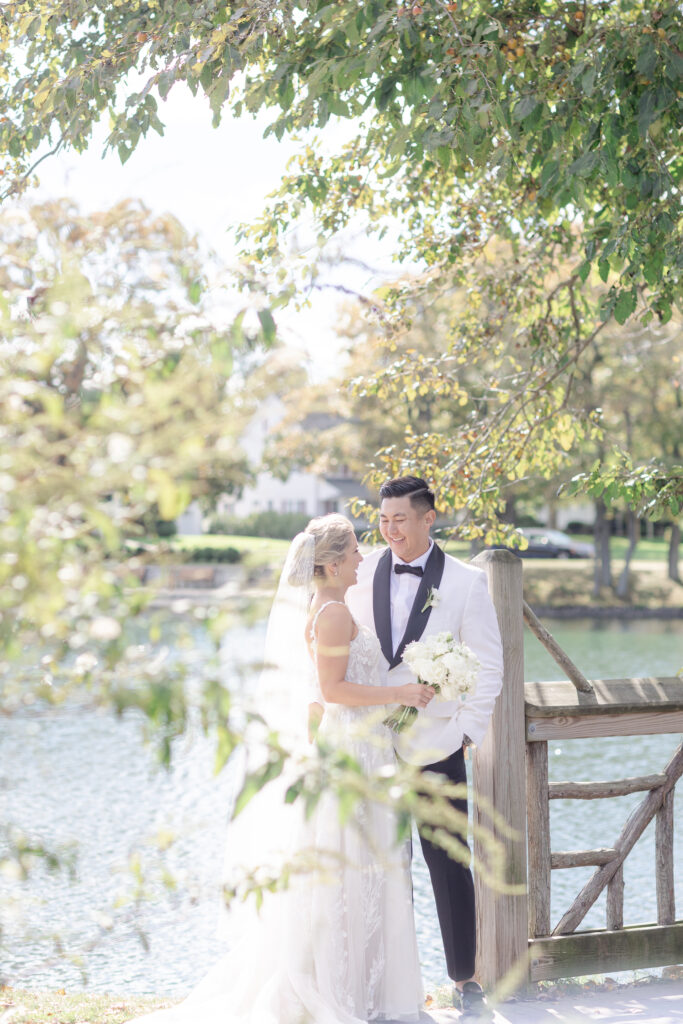 Bride and groom portraits at Wooden Bridge, Divine Park Spring Lake New Jersey