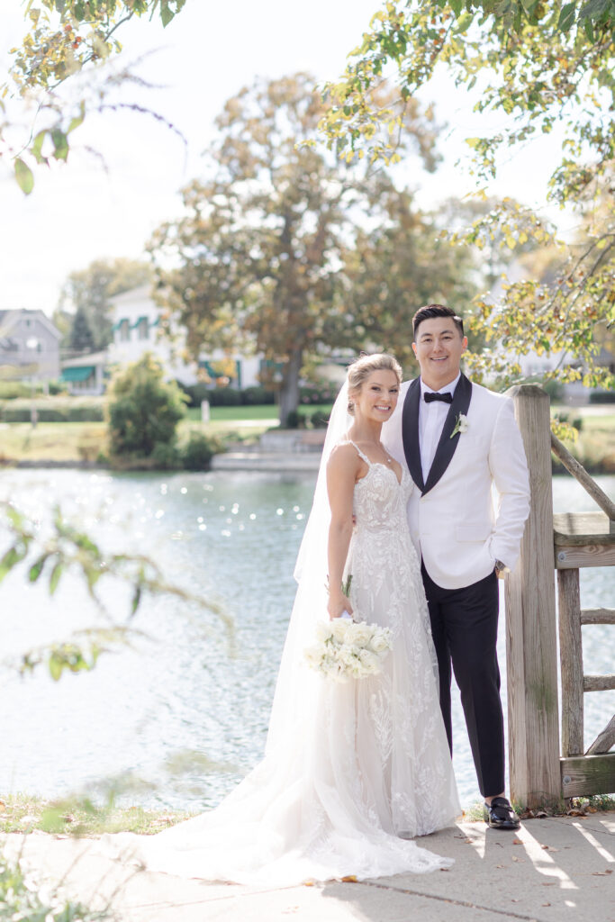 Bride and groom portraits at Wooden Bridge, Divine Park Spring Lake New Jersey