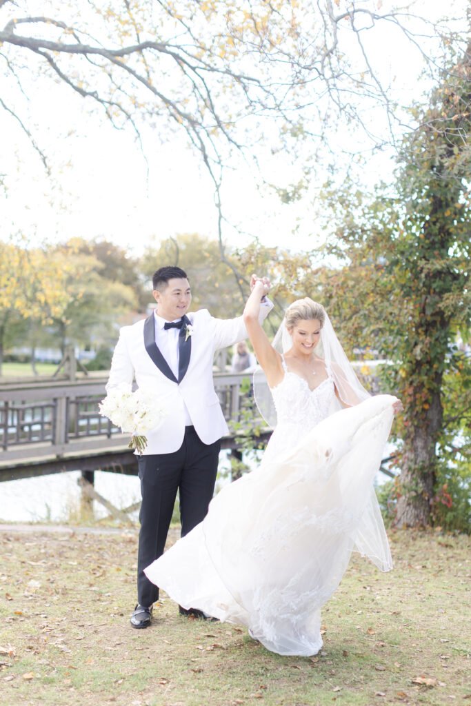 Bride and groom portraits in front of Wooden Bridge, Divine Park, Spring Lake NJ