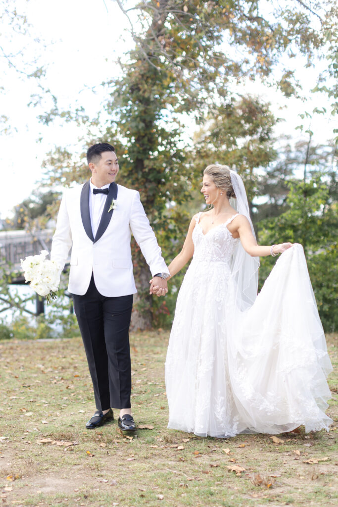 Bride and groom portraits in front of Wooden Bridge, Divine Park, Spring Lake NJ