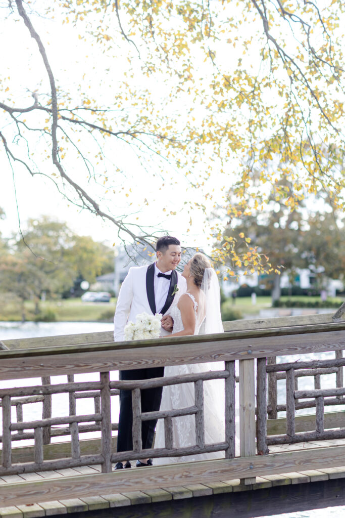 Bride and groom portraits on the Wooden Bridge, Divine Park, Spring Lake NJ